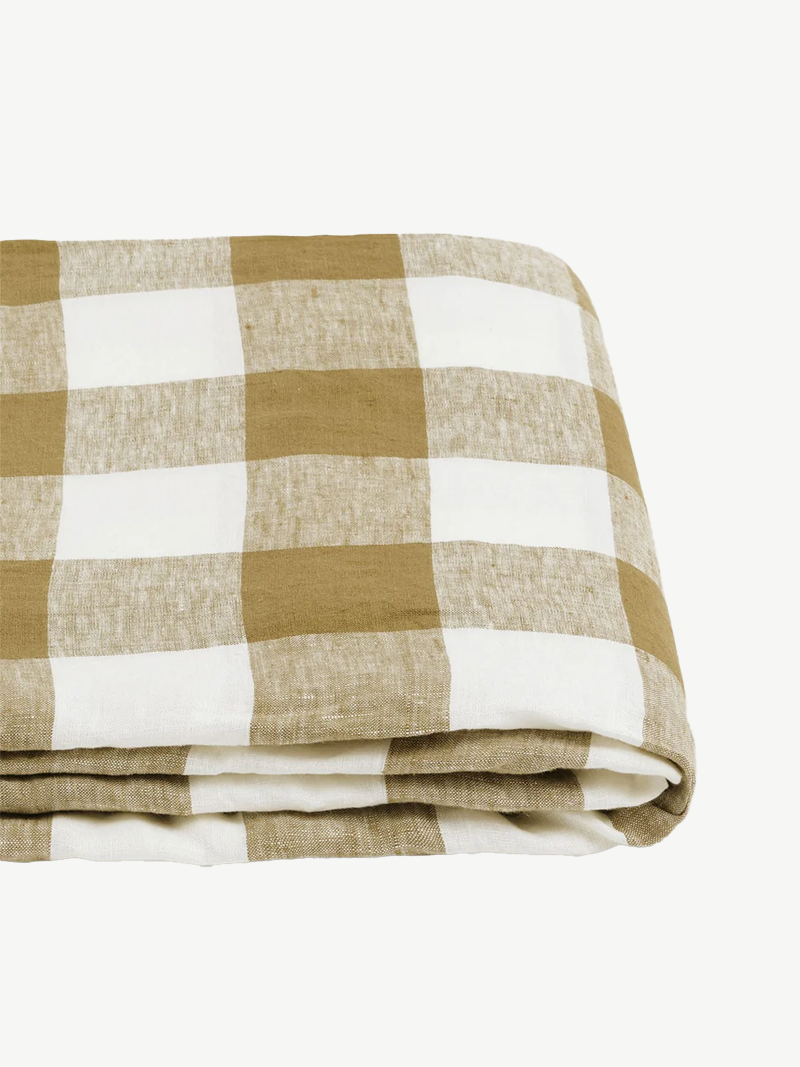 100% Linen Flat Sheet in Olive Check - King