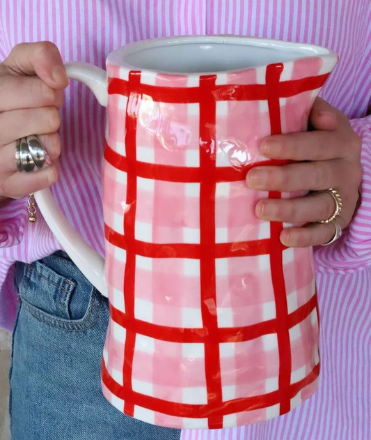 Medium jug rose pink and red gingham- noss