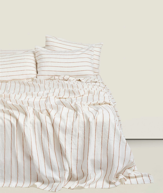 100% Linen Flat Sheet in Tobacco Stripes - King