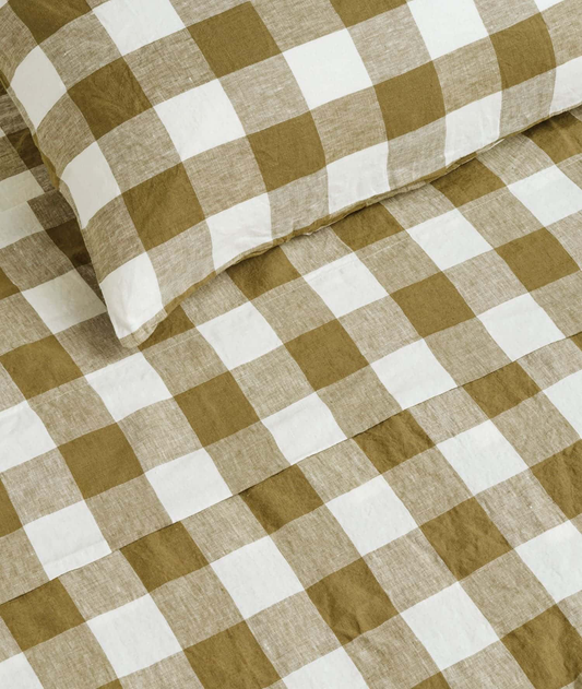 100% Linen Fitted Sheet in Olive Check- King