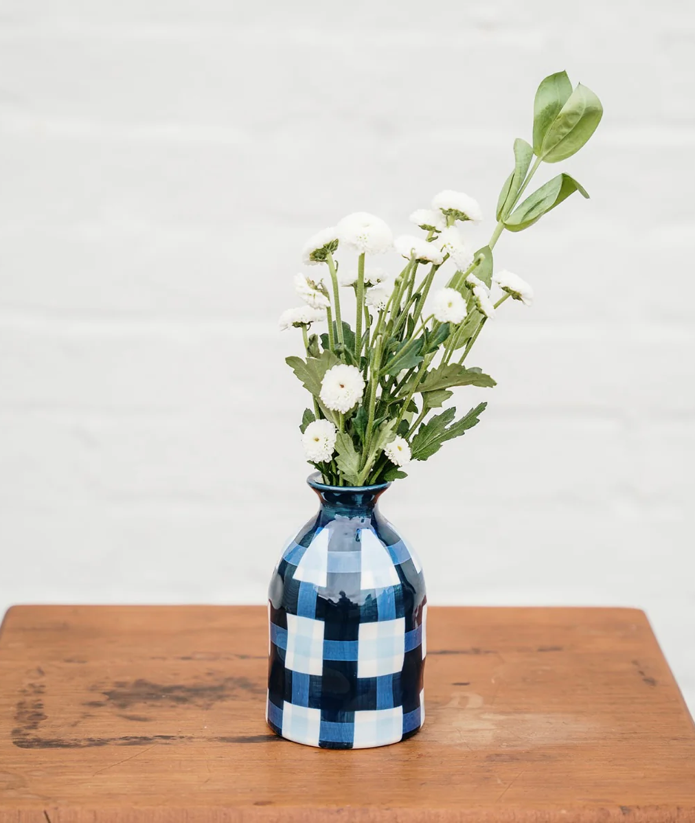 Bud vase navy and cornflower gingham - noss