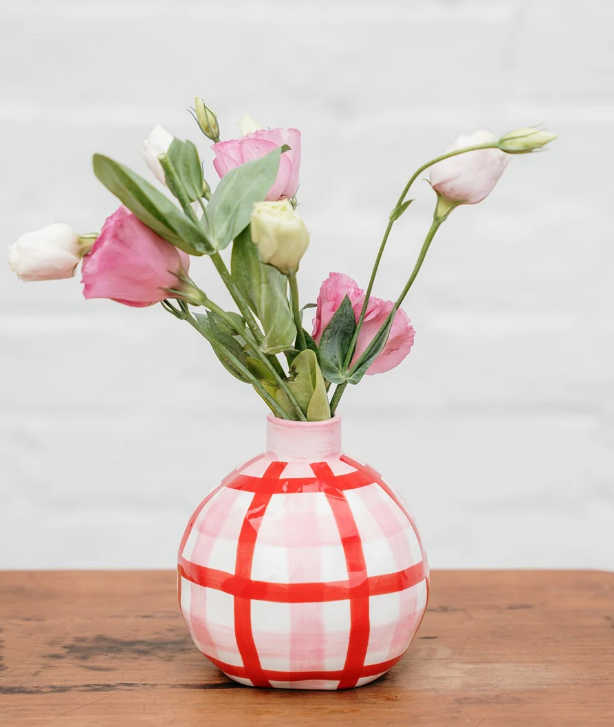 Round bud vase pink and red gingham