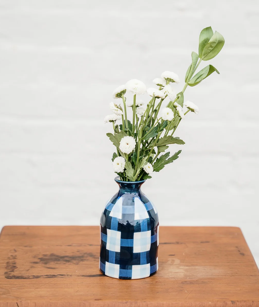 Bud vase navy and cornflower gingham - noss