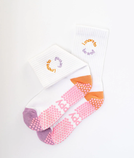 Grippy Socks - 	'i move to' Series Crew - Orange + Purple - i move to... be well m/l - Up to size 8 women's AU sizing