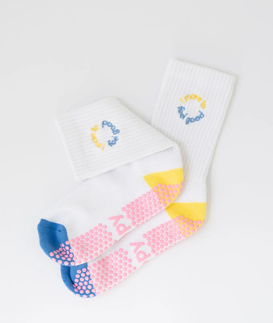 Grippy Socks - 'i move to' Series Crew - Yellow + Blue - i move to...feel good / S/M - Up to size 8 women's AU sizing