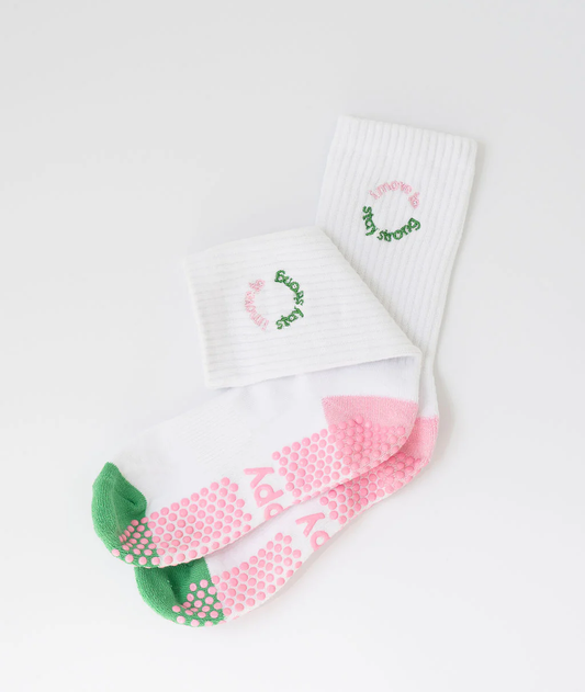 Grippy Socks - 	'i move to' Series Crew - Pink + Green - i move to...stay strong / M/L - From 8.5 to 10 women's AU sizing